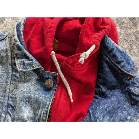 VTG 80s Levis Denim Trucker Jacket Acid Wash Fleece Hood - Medium Made in Canada - Picture 13 of 16